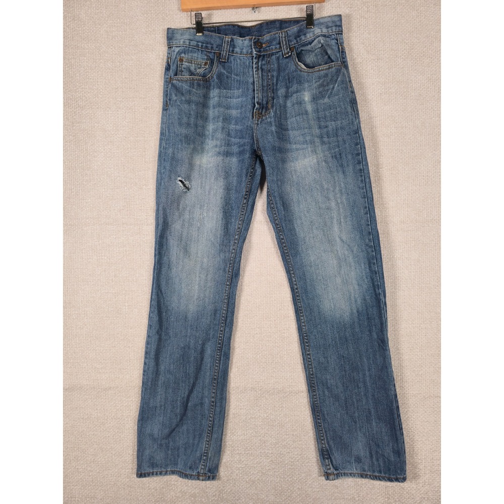 Flypaper Mens Straight‎ Leg Distressed Blue Denim Jeans W34 L34 Medium Wash